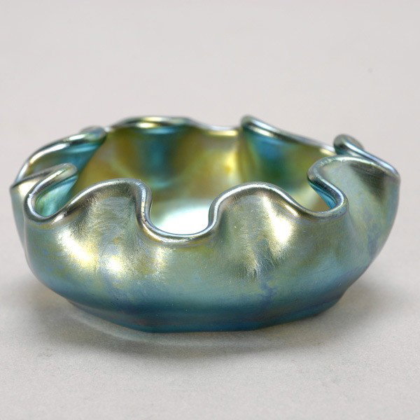 Tiffany Studios Blue Favrile Salt with Ruffle Rim: Tiffany Studios Blue Favrile Salt with Ruffle Rim signed L.C.T. {Diameter 2 3/4 inches}