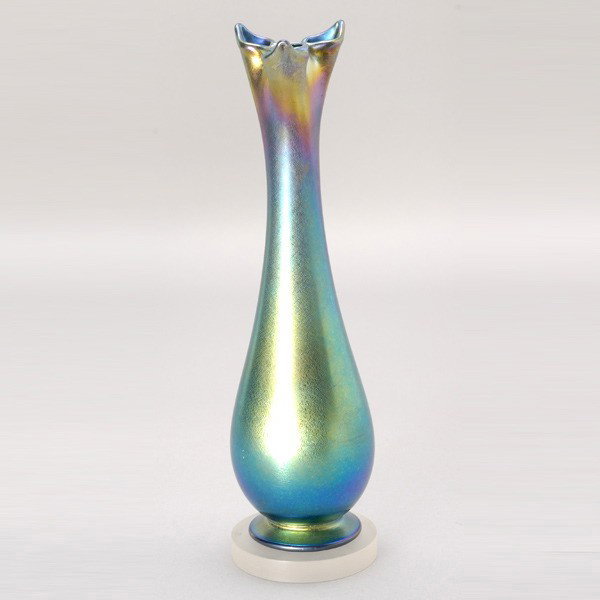 Tiffany Studios blue favrile footed vase: Tiffany Studios blue favrile footed vase with lobed top signed L.C.Tiffany Favrile 9217D {height 10 1/4 inches}
