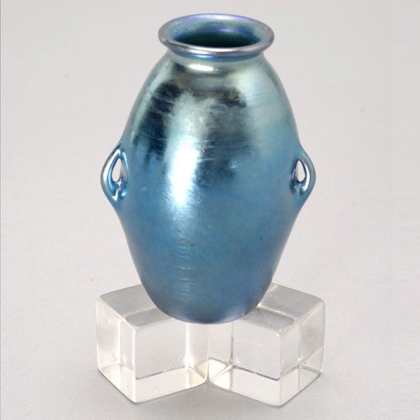 Tiffany Studios Blue Favrile Two Handled Vase: Tiffany Studios blue favrile two handled vase signed L.C.T. {Height 3 1/4 inches}