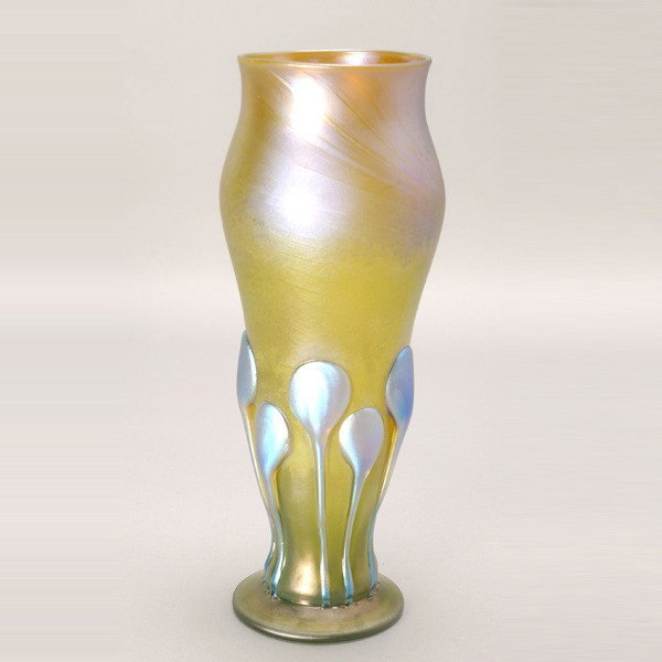 Tiffany Studios gold favrile vase: Tiffany Studios gold favrile vase with applied tendrils, strong blue iridescence on tendril, signed L.C.T. B1401 {Height 10 1/2 inches}