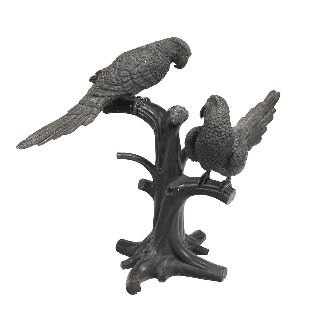 Metal Sculpture, Two Parrots on a Tree Stump (1 of 5)