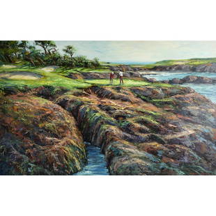 Ben Abril, Morning at Cypress Point, oil: BEN ABRIL (American, 1923-1995), "Morning at Cypress Point," oil on canvas, (Approximate dimensions - canvas: 29.5 x 48 inches, framed: 31 x 49 inches), signed lower right, titled and named inscribed