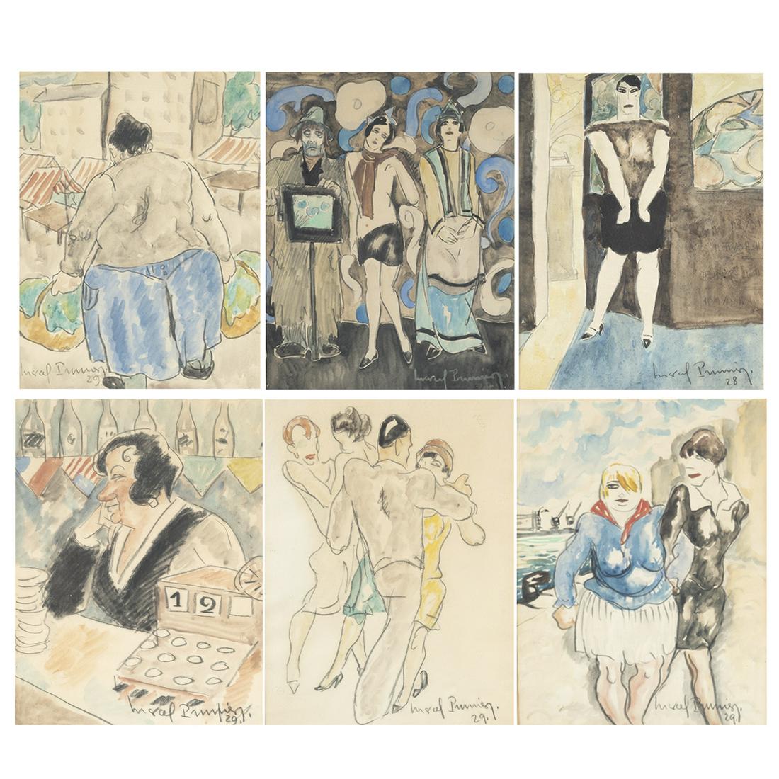 Marcel Prunier, Untitled, six watercolors: MARCEL PRUNIER (French, unknown-1980), Untitled, figures, 1927-1929, six watercolor and pencil on paper, (Approximate dimensions - sheets range from 10 - 12.75 x 7.5 - 9.5 inches, framed: ), five sign