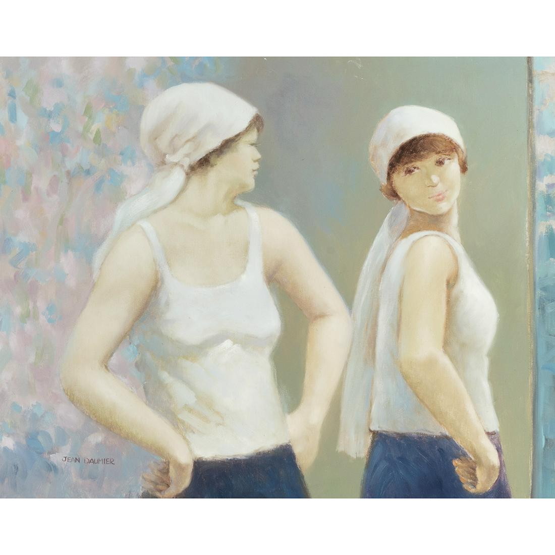 Jean Daumier, Mirrored, oil on canvas: JEAN DAUMIER (French, b. 1948), "Mirrored," oil on canvas, (Approximate dimensions - canvas: 23.5 x 29.75 inches, framed: 31.25 x 37.25 inches), signed lower left; name and titled inscribed on canvas