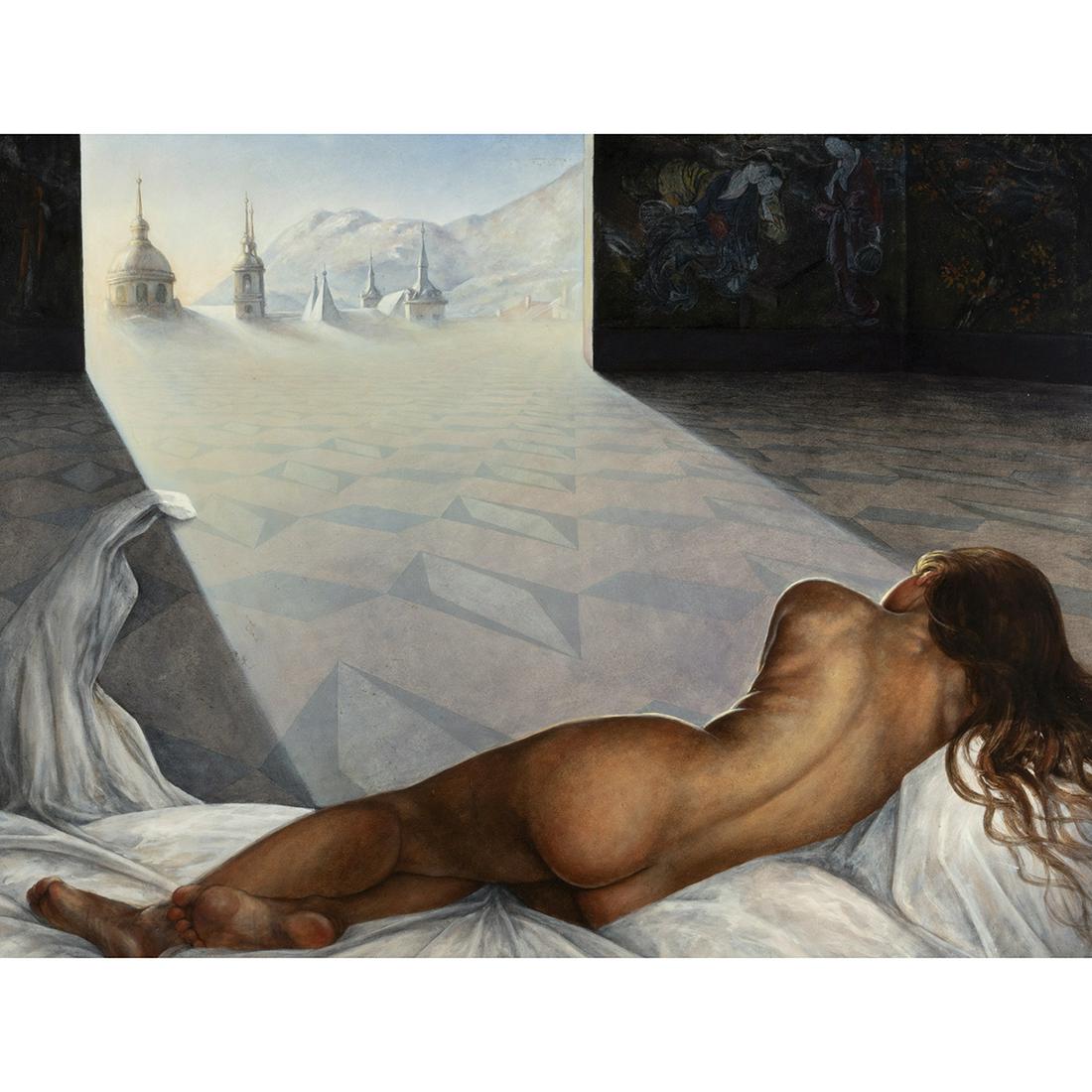 Gerard Becker, Reclinging Female Nude, oil: GERARD BECKER (Belgian, b. 1945), Reclining Female Nude, oil on canvas, (Approximate dimensions - canvas: 34 x 45 inches, framed: 41 x 51.5 inches), signed lower right. Condition: Surface dirt through