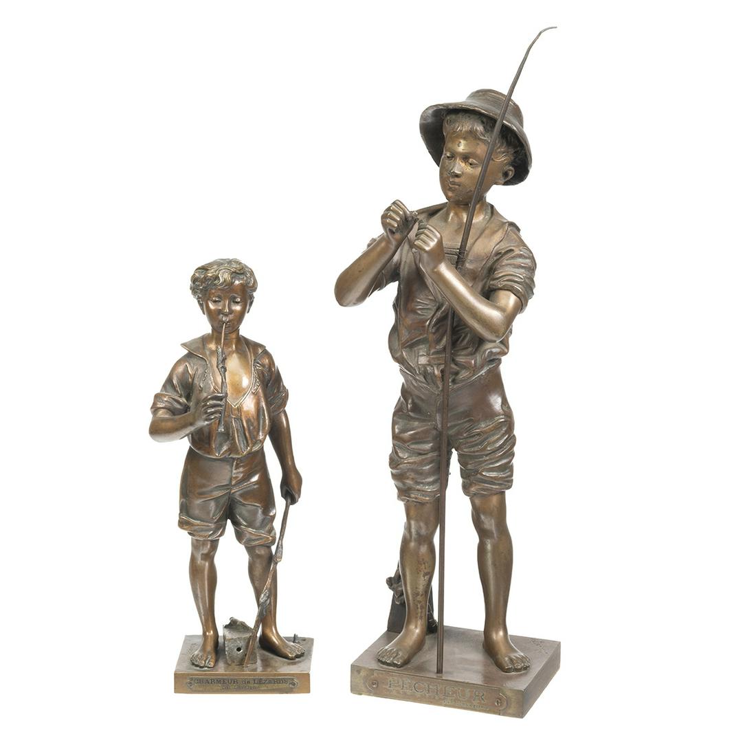 Adolphe Jean Lavergne, two bronze: ADOLPHE JEAN LAVERGNE (French 1863-1928), "Pecheur," 17 x 5 x 4.75 inches, and "Charmeur de Lezardo," 11 x 3.5 x 4.25 inches; two painted bronze figural sculptures mounted on flat rectangular bases, b