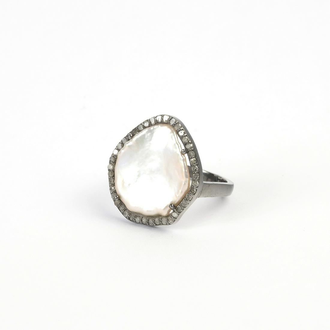 Freshwater Cultured Pearl, Diamond, Silver Ring. (1 of 4)