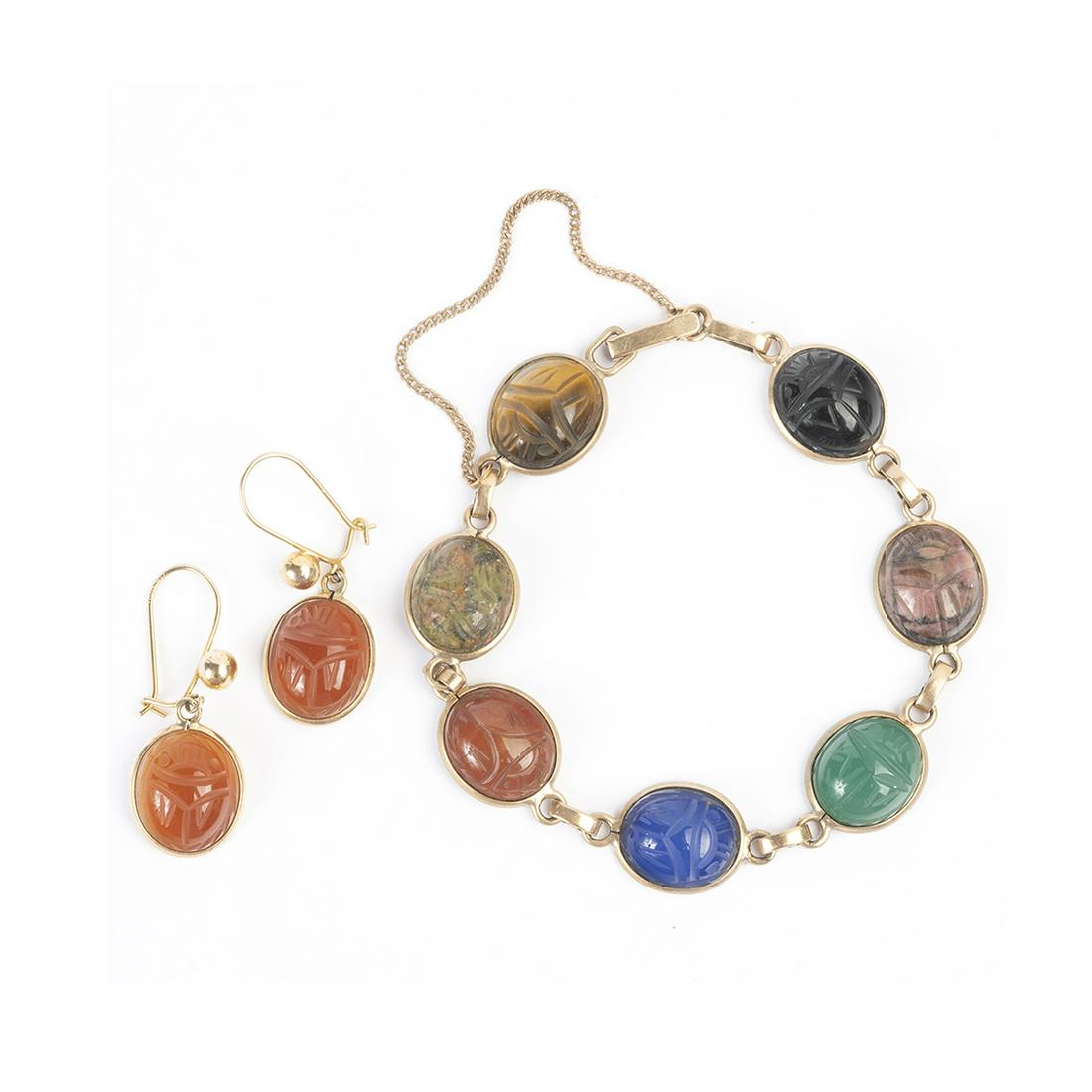 Multi-Stone Scarab, 10k Yellow Gold Jewelry Suite.: Multi-Stone Scarab, 10k Yellow Gold Jewelry Suite. Including one carved tiger's eye quartz, unakite, jasper, dyed blue chalcedony, dyed green chalcedony, rhodonite and black onyx scarab, 10k yellow go