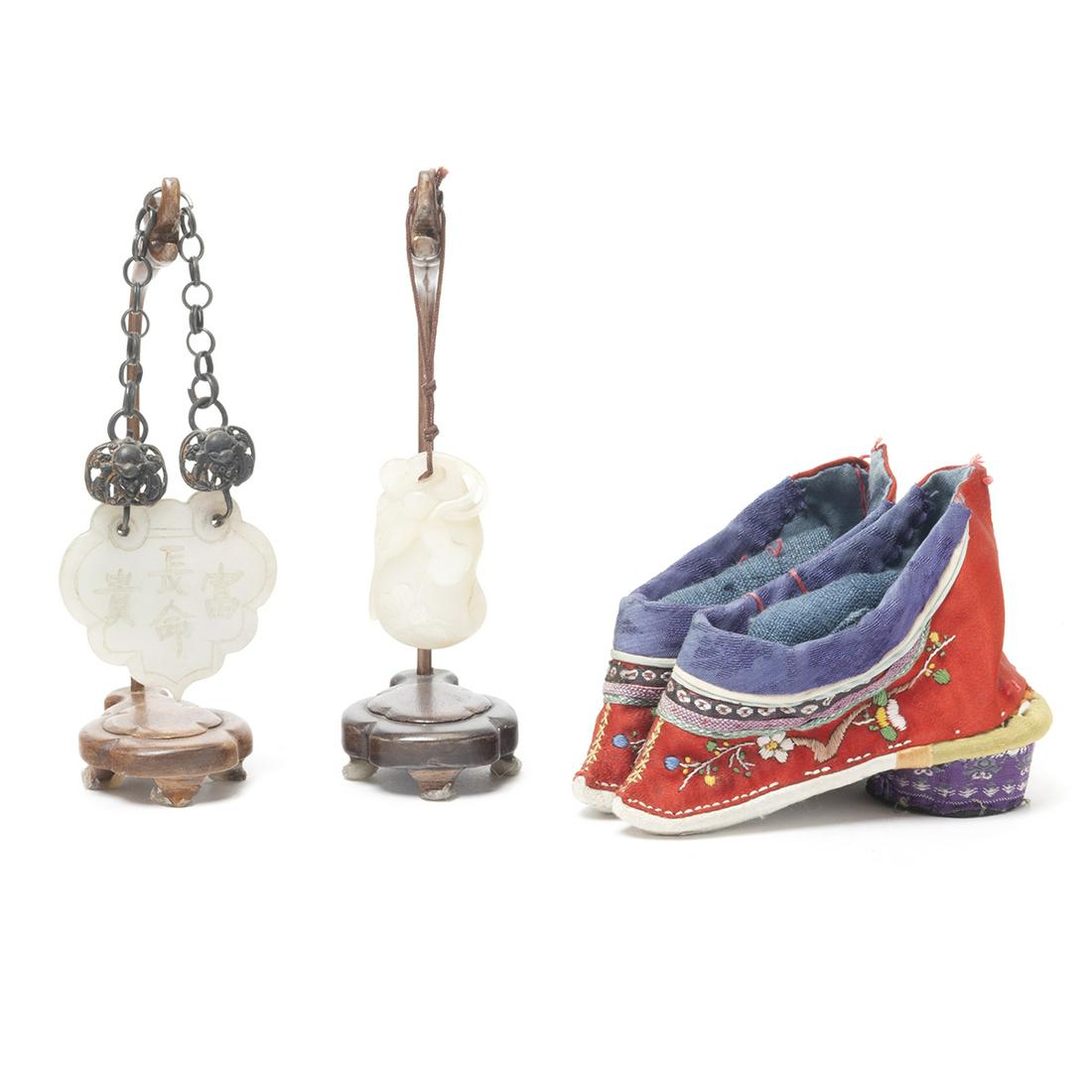 Two Chinese Carved Jade Pendants and Pair of Lily Shoes (1 of 6)
