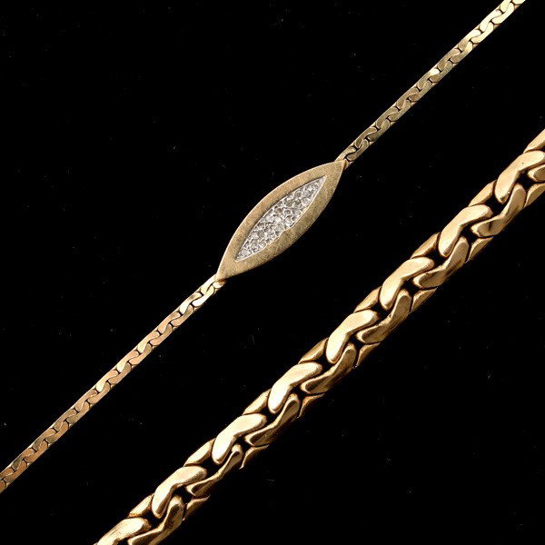 COLLECTION OF TWO DIAMOND, 14K Y/G BRACELETS.: COLLECTION OF TWO DIAMOND, 14K YELLOW GOLD BRACELETS. Including a bracelet featuring twenty-one single-cut diamonds weighing a total of approximately 0.10 ct., bead set in 14k yellow gold; including o