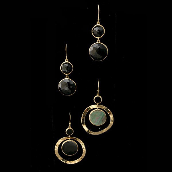 COLL. IPPOLITA BLACK ONYX, MOP, 18K Y/G EARRINGS.: COLLECTION OF IPPOLITA BLACK ONYX, MOTHER-OF-PEARL, 18K YELLOW GOLD EARRINGS. Including two faceted black onyx bezel set in 18k yellow gold signed Ippolita; together with two mother-of-pearl plaques b