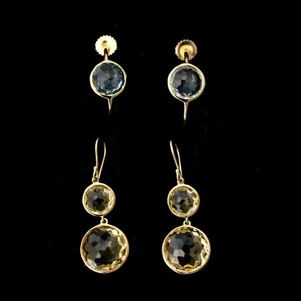2 PAIRS GREEN QUARTZ, AQUAMARINE, 18K Y/G EARRINGS.: COLLECTION OF TWO PAIRS OF GREEN QUARTZ, AQUAMARINE, 18K YELLOW GOLD EARRINGS. Including one pair of aquamarine, 18k yellow gold hoop style earrings signed Ippolita; together with one pair of green qu