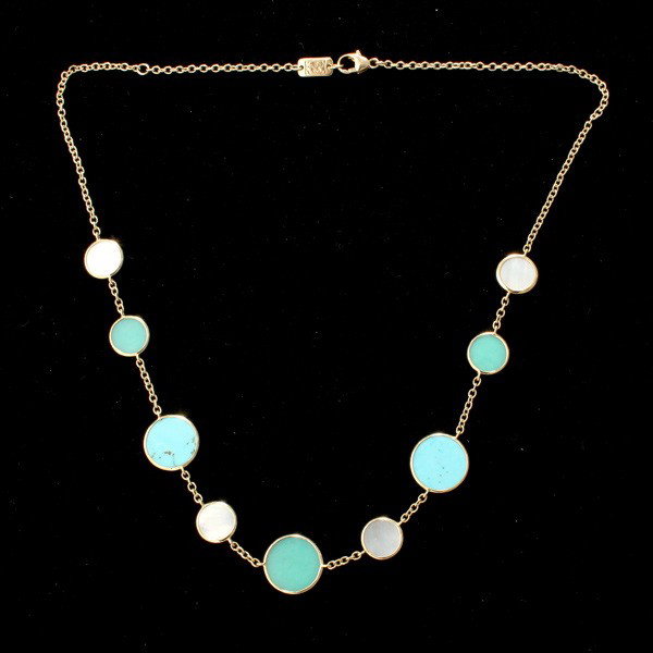 IPPOLITA TURQ., MOP, CHALCEDONY, 18K Y/G NECKLACE.: IPPOLITA TURQUOISE, MOTHER-OF-PEARL, CHALCEDONY, 18K YELLOW GOLD NECKLACE. Featuring three disk shape mother-of-pearl, three disk shape green chalcedony and two disk shape turquoise plaques, bezel set