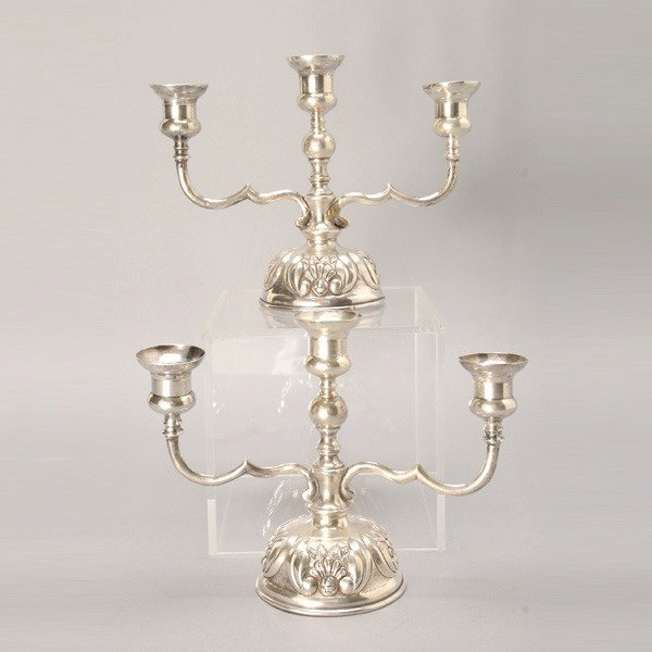 Pair of Baroque Style Sterling 3 Light Candelabra: Pair of Baroque Style Sterling Three Light Candelabra {Total silver weight 42.84 troy oz; height 7 3/4 inches, length 10 3/8 inches} [Some resoldering]