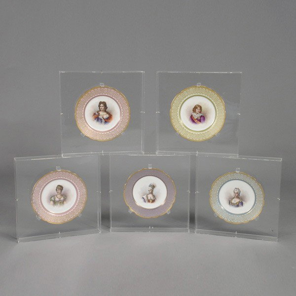 5 Sevres Style Porcelain Portrait Cabinet Plates: Suite of Five Sevres Style Porcelain Portrait Cabinet Plates, Each signed Muvills, Late 19th Century, each marked with interlocking lines enclosing "A" "France", now mounted in lucite shadow boxes {Di