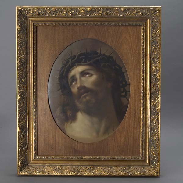 KPM Plaque of Christ with A Crown of Thorns: KPM Porcelain Plaque of Jesus with a Crown of Thorns, Late 19th Century, the head of Jesus encased in a crown of thorny branches, looking upward, inset in a rectangular gilt frame, verso impressed sce