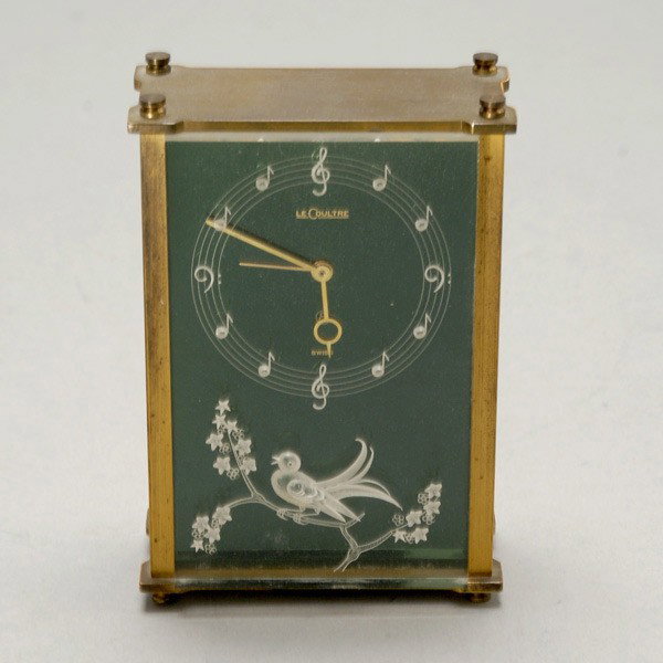 Le Coultre Swiss Table Clock with Music Box: Le Coultre Swiss Table Clock with Music Box and Bird Design {Dimensions 5 x 3 1/2 x 1 5/8 inches}