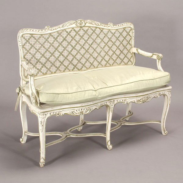 Faux Painted Polychrome Bench with Carved Seat: Faux Painted Polychrome Bench with Carved Seat and Caned Back {Dimensions 38 x 48 1/2 x 17 1/2 inches}