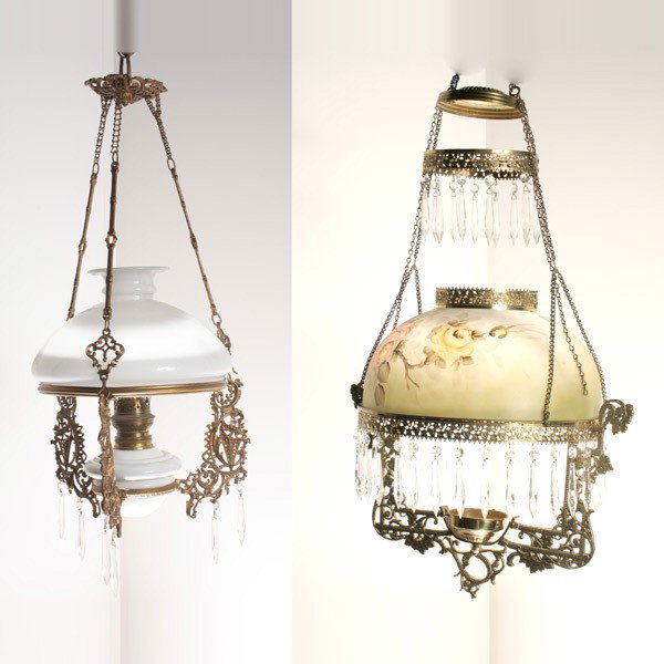Victorian Style Hanging Lighting Fixture & Another: Victorian Style Hanging Lighting Fixture with Painted Shade and a Milk Glass Fixture {Heights 28 inches & 26 1/2 inches} [First is lacking font]