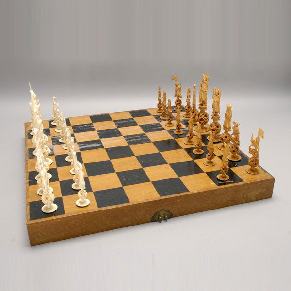 Chinese Ivory Figural Puzzle Ball Chess Set: Chinese Ivory Figural Puzzle Ball Chess Set in Wood Box