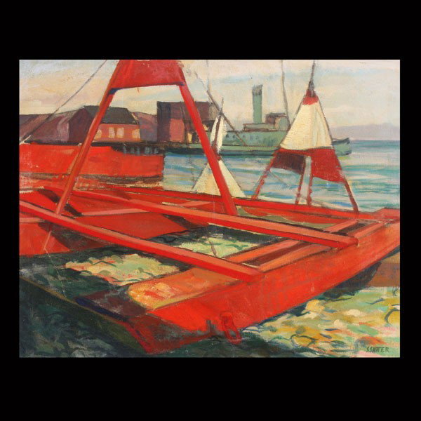 Sam Sutter "Waterfront" Oil: WALTER SAMUEL SUTTER (American, 1888-1938) "Waterfront" Oil on canvas. Sight: 18 1/4 x 24. Signed lower right. In good condition: 3-inch Scratch lower left. Framed.