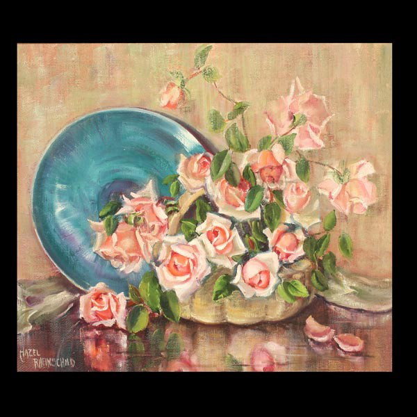 Hazel Rheinschild "Still Life" Oil: HAZEL RHEINSCHILD (American, 1901-1988) "Still Life with Roses" Oil on canvas. Sight: 19 3/4 x 23 1/2 inches. Signed lower left. Verso: Artist Information. In good condition. Framed.