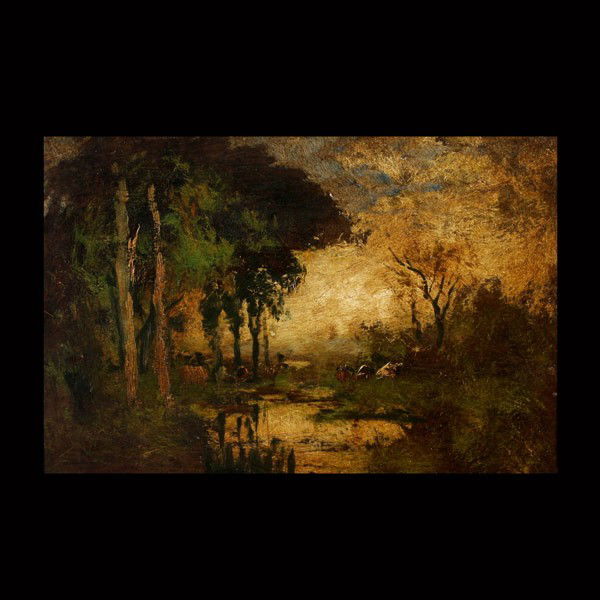 Style of William Keith "River in theTrees" Oil: Style of WILLIAM KEITH (American, 1838 - 911) "River in theTrees" Oil on canvas. 8 1/4 x 12 1/4 inches. In good condition: Heavy to mild surface soiling. Framed.