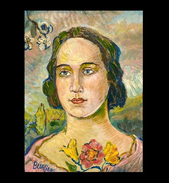 Style of David Burliuk. "Woman w/ Flowers" oil: Style of DAVID DAVIDOVICH BURLIUK (Ukrainian/American, 1882-1967) "Lady with Flowers" 8 x 10 inches. Signed lower right. In good condition: Slight craquelure across face. Framed.