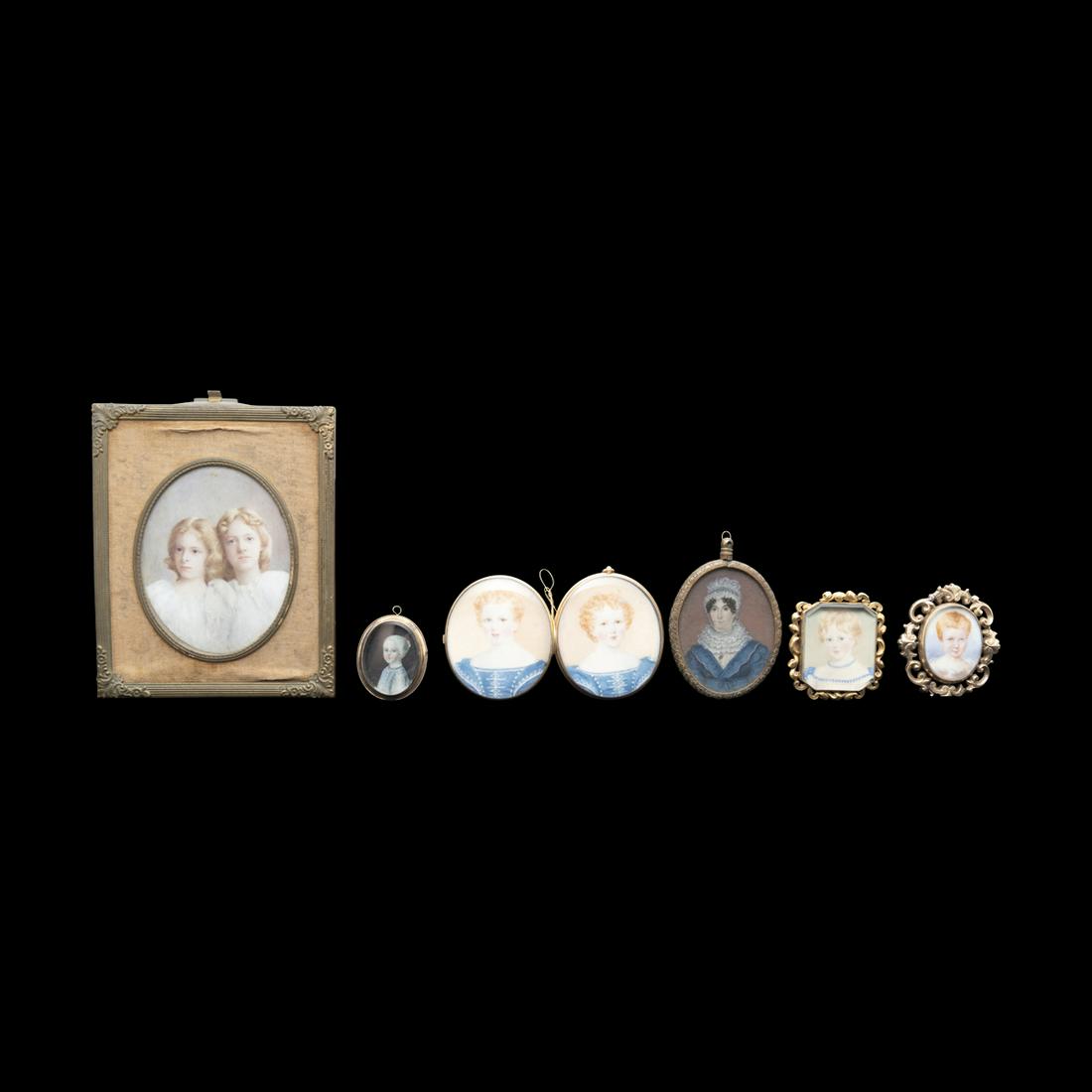 Collection of Female Portrait Miniatures: Collection of Female Portrait Miniatures. Comprising portrait of twins in white dresses signed 'S.S.H.', woman in blue dress and lace bonnet, two sided locket miniature of young twins in blue dresses,