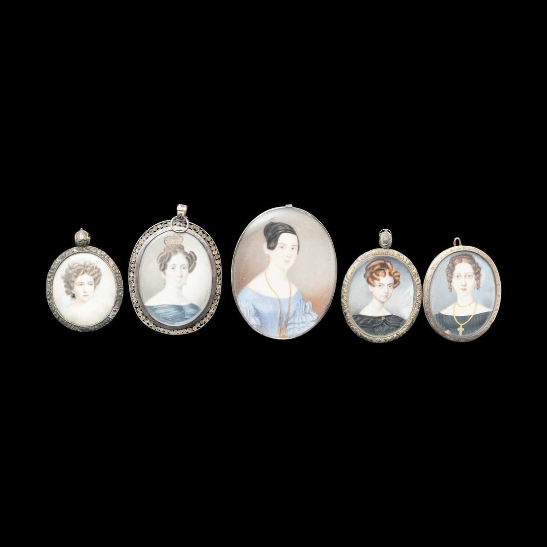 Collection of Female Portrait Miniatures: Collection of Female Portrait Miniatures. Five miniatures total, comprising woman in blue dress with long necklace and locks of hair to the reverse, woman with lace crown and blue dress signed indisti