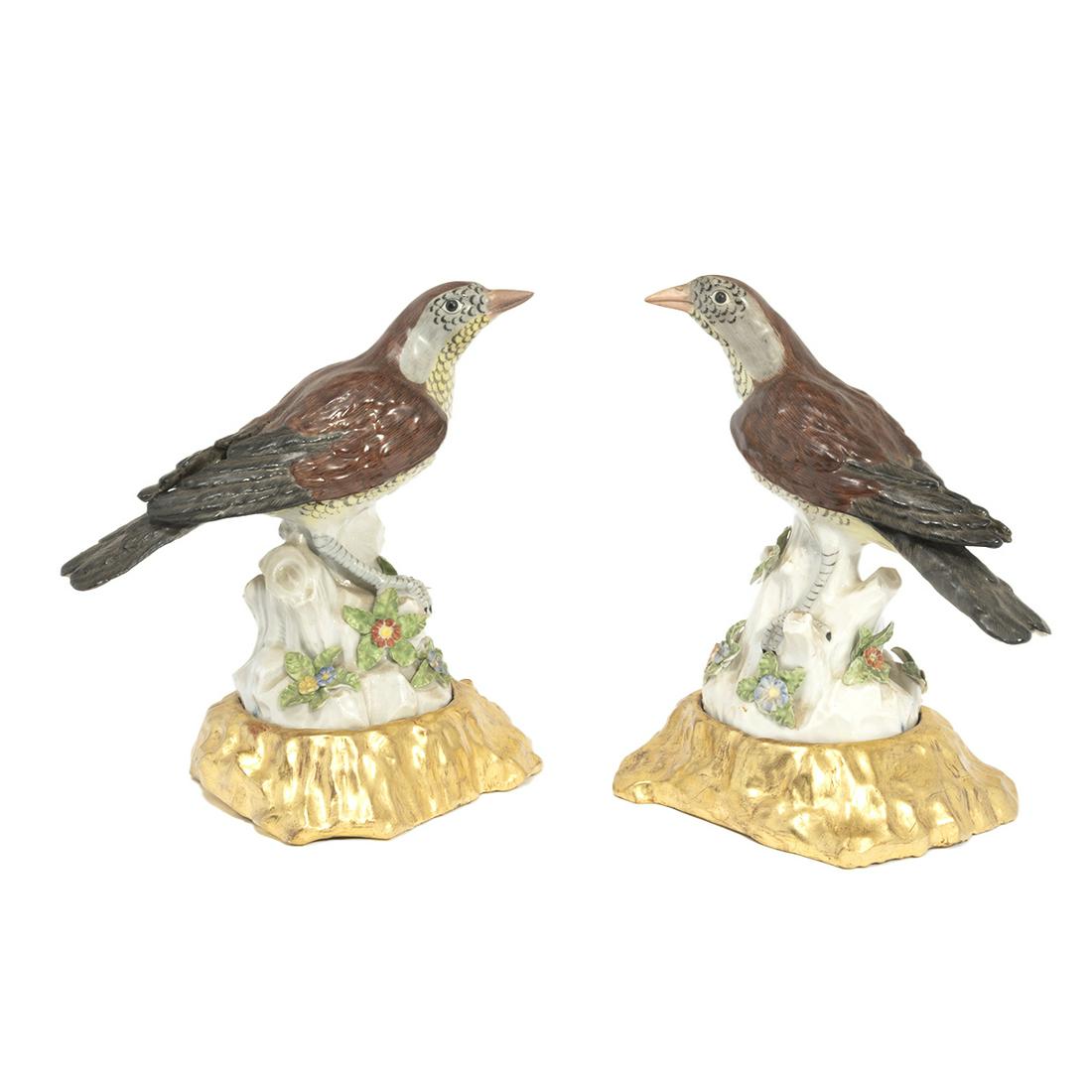 Pair of Meissen Style Porcelain Models of Birds: Pair of Meissen Style Porcelain Models of Birds. Possibly thrushes or kingfishers, after a model by Johann Joachim Kaendler (German, 1706â€“1775), the birds modeled gazing upward and perched on a