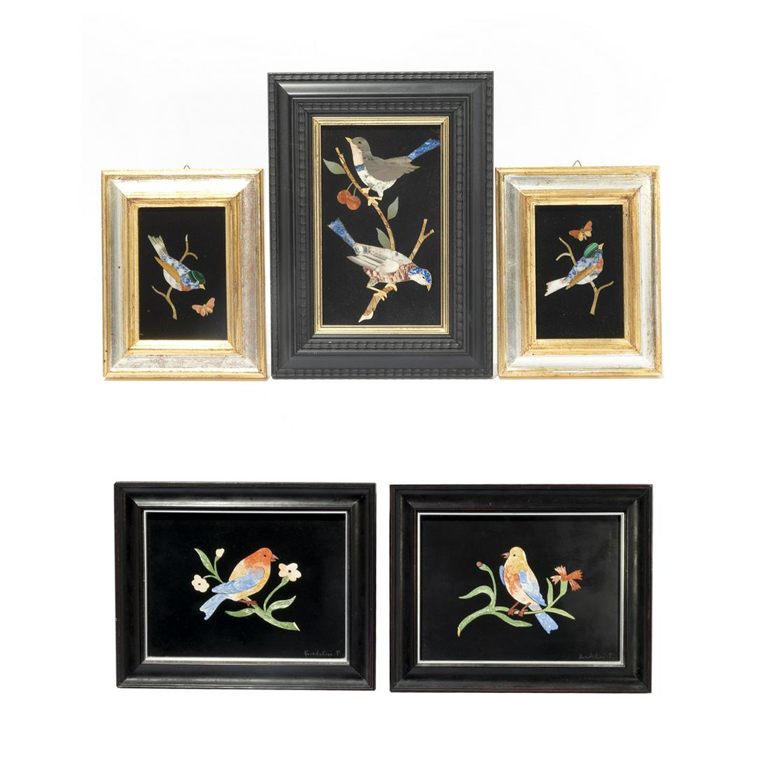Five Italian Pietra Dura Framed Bird Plaques (1 of 5)