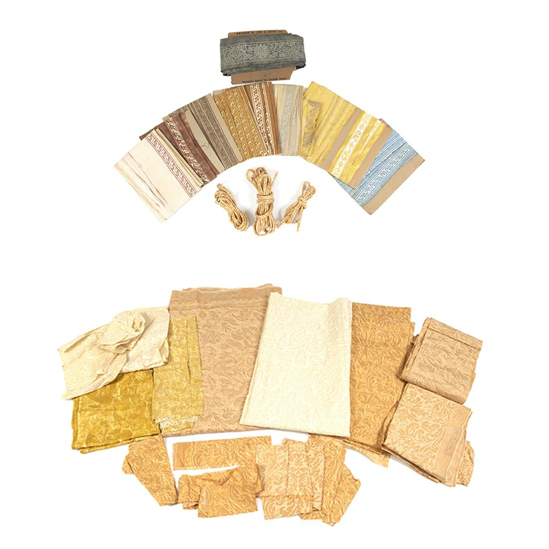 Fortuny Cotton Painted and Printed Yardage, Trim: Fortuny Cotton Painted and Printed Yardage, Trim. Including two yards of cotton stencilled with pale orange in a bold floral design; four yards of cotton stencilled pale and deeper orange; both with a