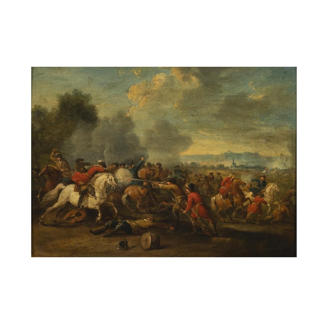 Attributed to Karel Breydel, Battle Scene, oil: Attributed to KAREL BREYDEL (Flemish, 1678-1733), Battle Scene, oil on panel, (Approximate dimensions - panel: 6.5 x 8.75 inches, framed: 14.5 x 16.75 inches), unsigned, name on plaque.