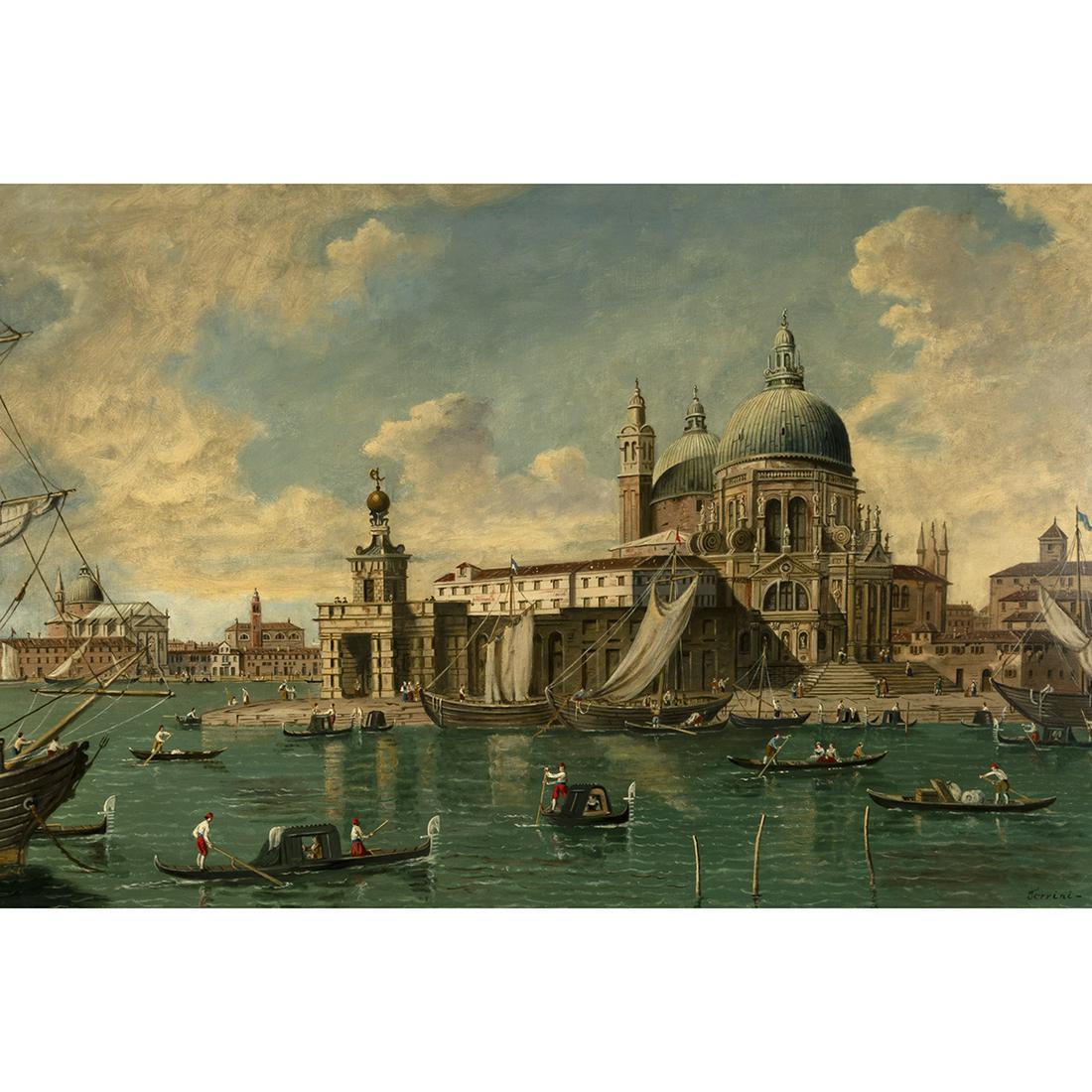 After Tinorette, Bacino di San Marco con la Chiesa, oil: After TINTORETTO (Italian, 1518-1594), "Bacino di San Marco con la Chiesa della Salute, Venezia," oil on canvas, (Approximate dimensions - canvas: 24 x 36 inches, framed: 30.25 x 42.25 inches); titled