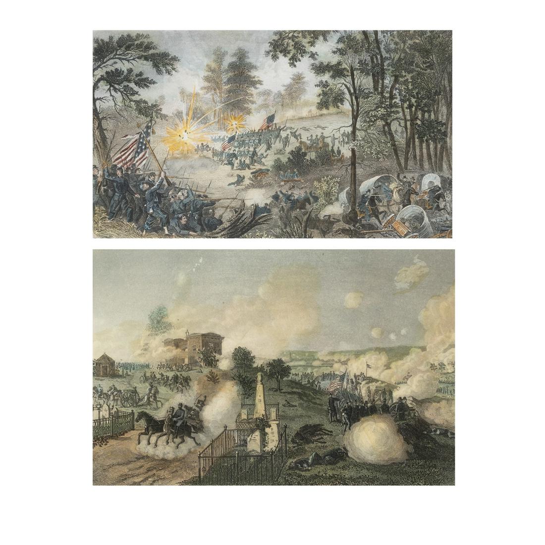Gettsyburg and First Battle of Bull Run, engravings: THOMAS NAST (American, 1840-1902) and WILLIAM MOMBERGER (American, 1829-1888), "Gettysburg," and "First Battle of Bull Run," c. 1865, both hand colored engraving by JC McRae; (Approximate dimensions -