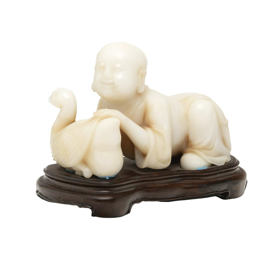 Chinese Carved Hardstone 'Boy and Goose' on Base (1 of 3)