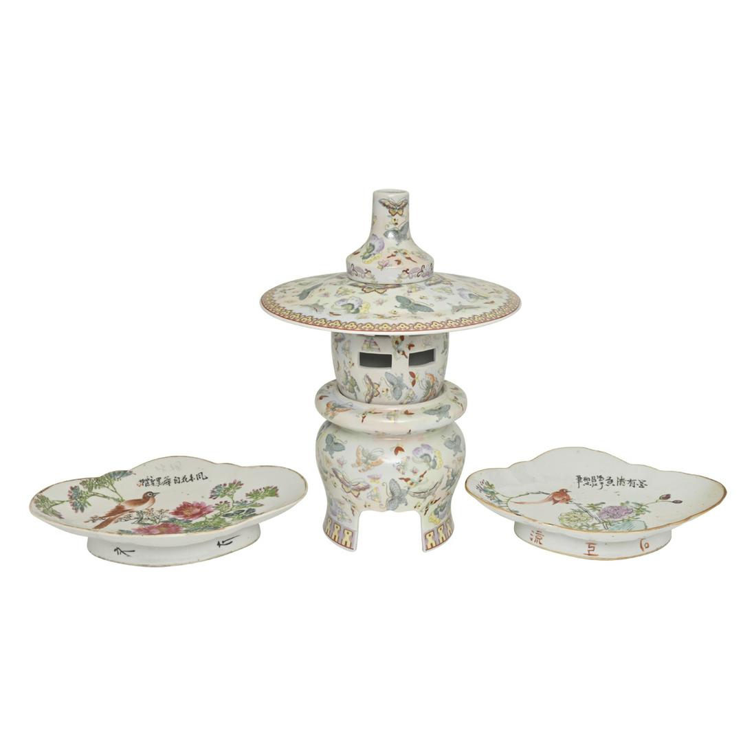 Chinese Famille Rose Dishes and Incense Burner: Group of Chinese Famille Rose Porcelain Dishes and Incense Burner. Comprising two similar foot dishes with gilt rims, each decorated with birds perched on the flowering trees and with inscriptions and