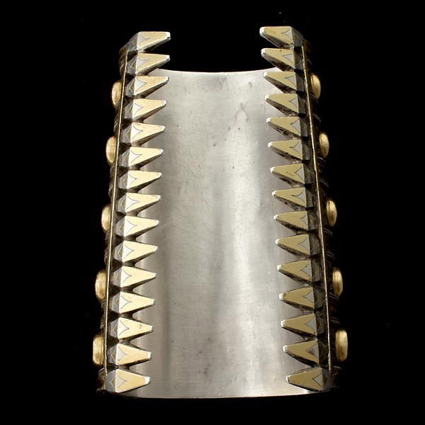 CARNELIAN, GLASS, SILVER GILT TRIBAL CUFF. - 3