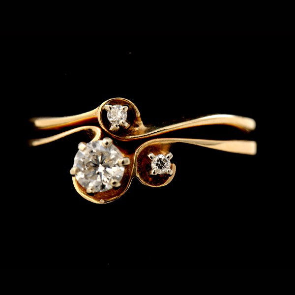 DIAMOND, 14K YELLOW GOLD WEDDING RING SET.: DIAMOND, 14K YELLOW GOLD WEDDING RING SET. Featuring three full-cut diamonds weighing a total of approximately 0.25 ct., prong set in a 14k yellow gold wedding ring set. Size 6 1/2, 2.1 dwts