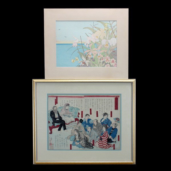 Two Woodblock Prints: Paul Jacoulet & Adachi Ginko: Two Woodblock Prints, Paul Jacoulet (1896-1960), Oban yoko-e, singed in pencil above the Butterfly seal, mounted, laid-down. Adachi Ginko (Active 1874-1897), Diptych, dated Meiji 12 (1879), framed and