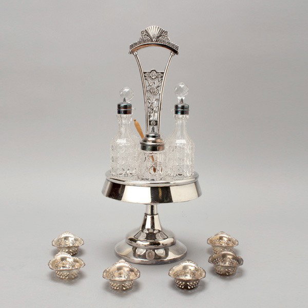 Six Gorham Sterling Nut Dishes & Cruet Set: Set of Six Gorham Sterling Nut Dishes; together with a Simpson Hall & Miller quadruple plate cruet set with six bottles {Total silver weight of nut dishes 4.32 troy oz; height of cruet stand 17 1/2 in