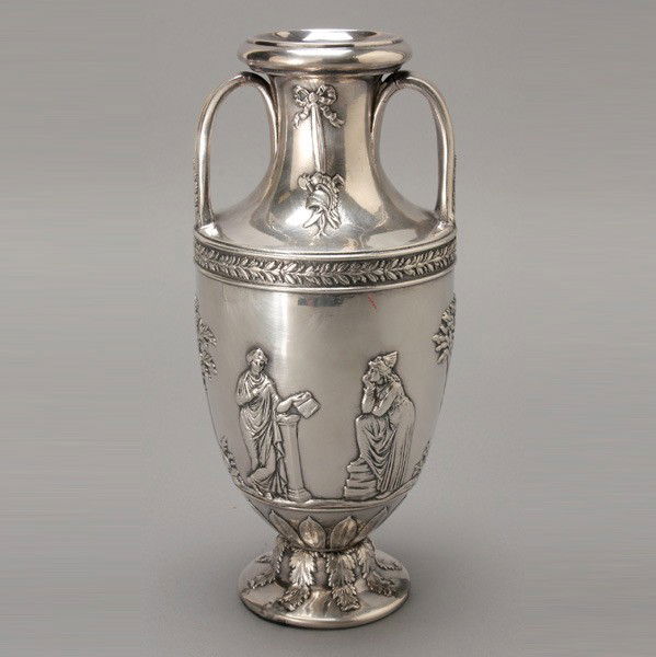Neoclassical Silver Clad Earthenware Urn,: Neoclassical Silver Clad Two Handled Earthenware Urn, with Greek motif {Height 10 1/4 inches} [Repair at base, cracks to handle]