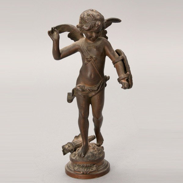 Art Nouveau Bronze Amorini with Quiver: Art Nouveau Bronze Amorini with Quiver and Shield, inscribed Aug. Moreau, stamped "LU86" {Height 7 1/2 inches}