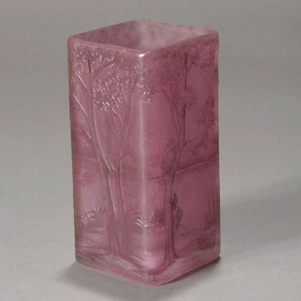 Daum Nancy Vase with Pink Lakeside Motif,: Daum Nancy Vase with Pink Lakeside Motif, ADelatte Nancy {Height 4 3/4 inches}