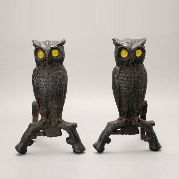 Pair of Arts & Crafts Style Owl Andirons: Pair of Arts & Crafts Style Owl Andirons with Glass Eyes {Height of owls 13 inches}