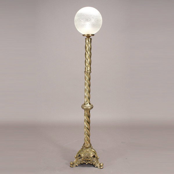 Victorian Brass Parlor Tripod Floor Lamp: Victorian Brass Parlor Tripod Floor Lamp with Clear Etched Glass Globiform Shade {Height with shade 69 inches}