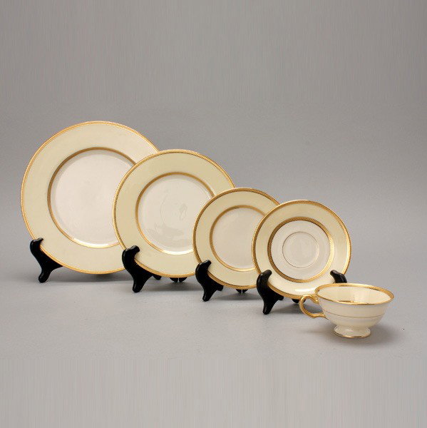 Lenox Gilt Rimmed Dinner Service: 60: Lenox Gilt Rimmed Porcelain Partial Dinner Service: twelve dinner plates (diameter 10 1/2 inches); twelve luncheon plates (diameter 8 1/4 inches); twelve bread plates; twelve cups and twelve saucers (