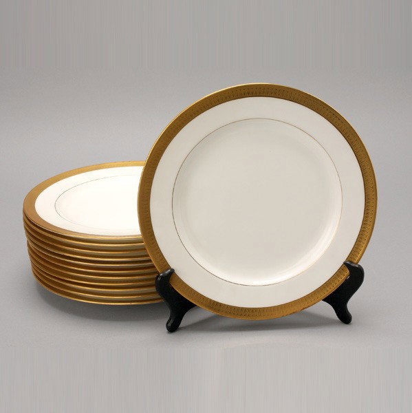 Set of Twelve Minton Gilt Rimmed Service Plates: Set of Twelve Minton Gilt Rimmed Service Plates, retailed by Nathan Dohrmann Co. San Francisco {Diameter 10 1/4 inches}