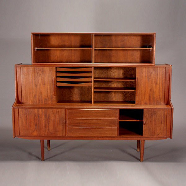Danish Modern Teak Two Piece China Hutch: Danish Modern Teak Two Piece Stepback Sideboard with China Cabinet {Dimensions 61 1/2 x 75 x 19 1/2 inches}